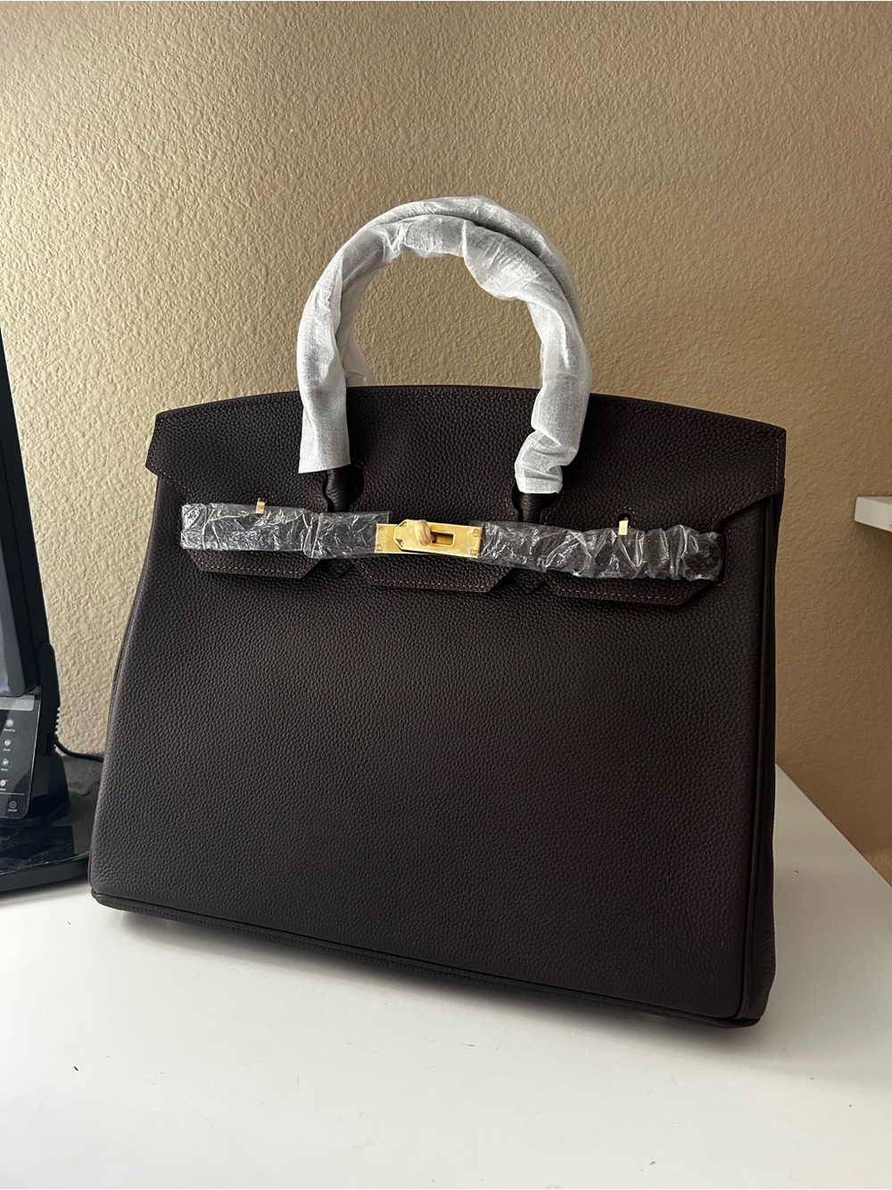 35cm Ebene Structured Top-Handle Bag with Gold Hardware